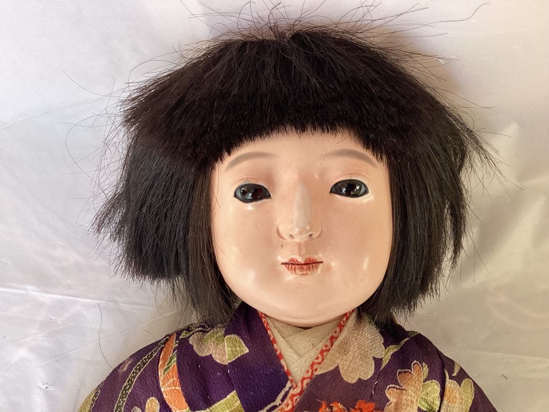ヴィンテージ市松人形 徳光斎　約40cm 花柄着物　吹子付き　人毛　ガラス眼