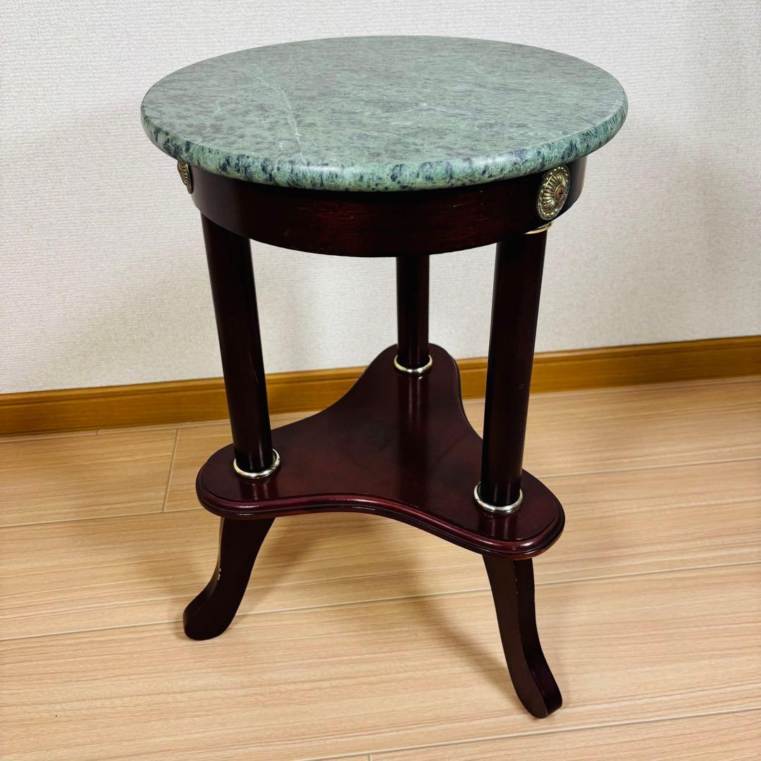 【美品】大理石天板 サイドテーブル 円形テーブル ナイトテーブル グリーン
