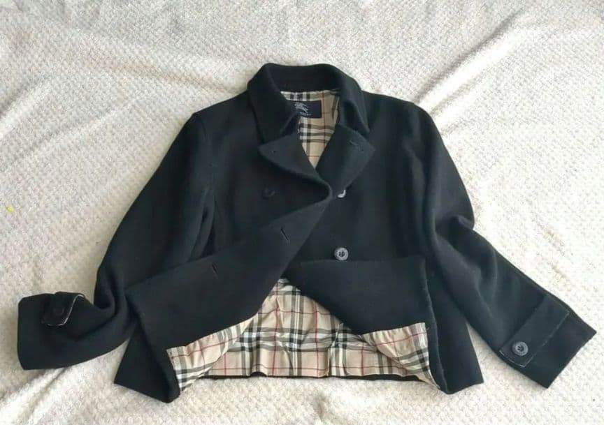 バーバリーロンドンウールPコート黒　ノバチェック　M