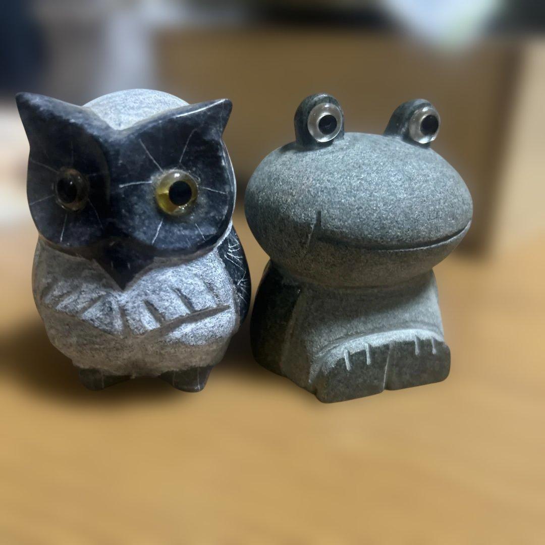 御影石の置物 黒と灰色　フクロウ　レア物　縁起