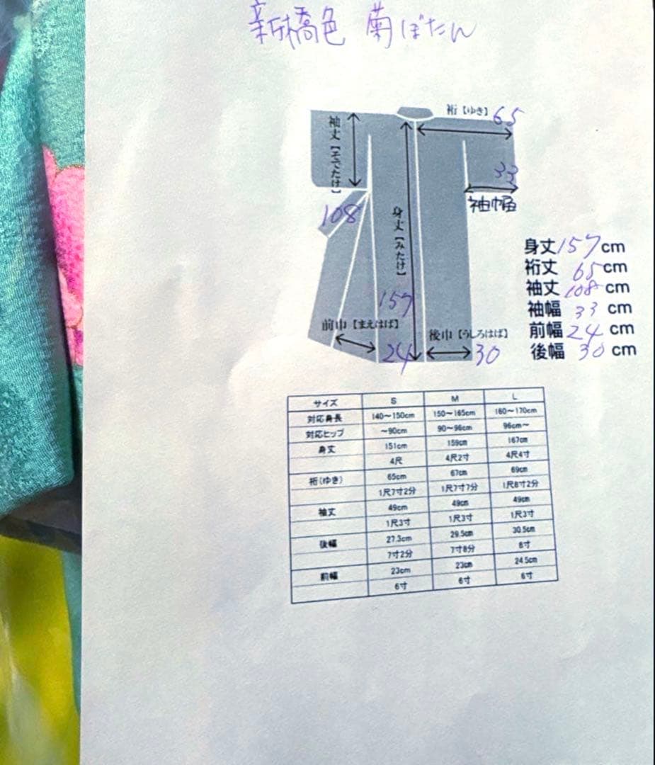 まな 新橋色 菊 牡丹 振袖 身丈157