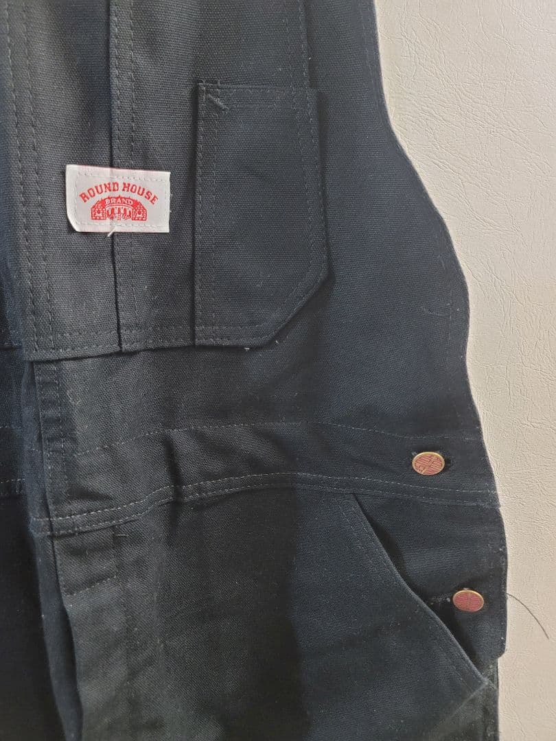 ROUND HOUSE ブラックオーバーオールw36L30　ダブルニー　ダック地
