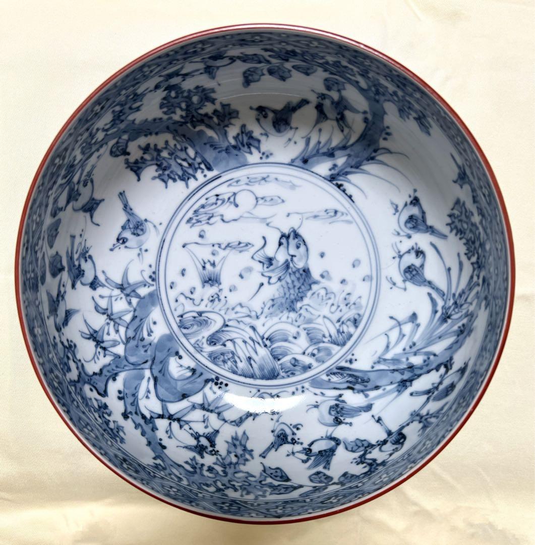 未使用　京焼清水焼　瑞昭窯　大野瑞昭　染付　花鳥魚文　大鉢　深鉢　希少品