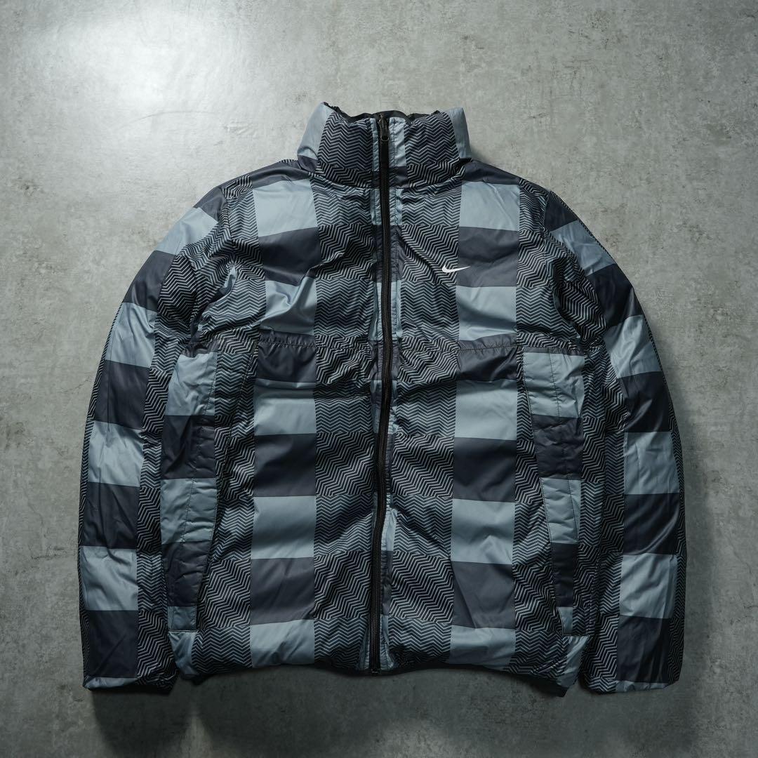 00s NIKE 肉厚ダウンジャケット リバーシブル ブラック チェック柄 短丈