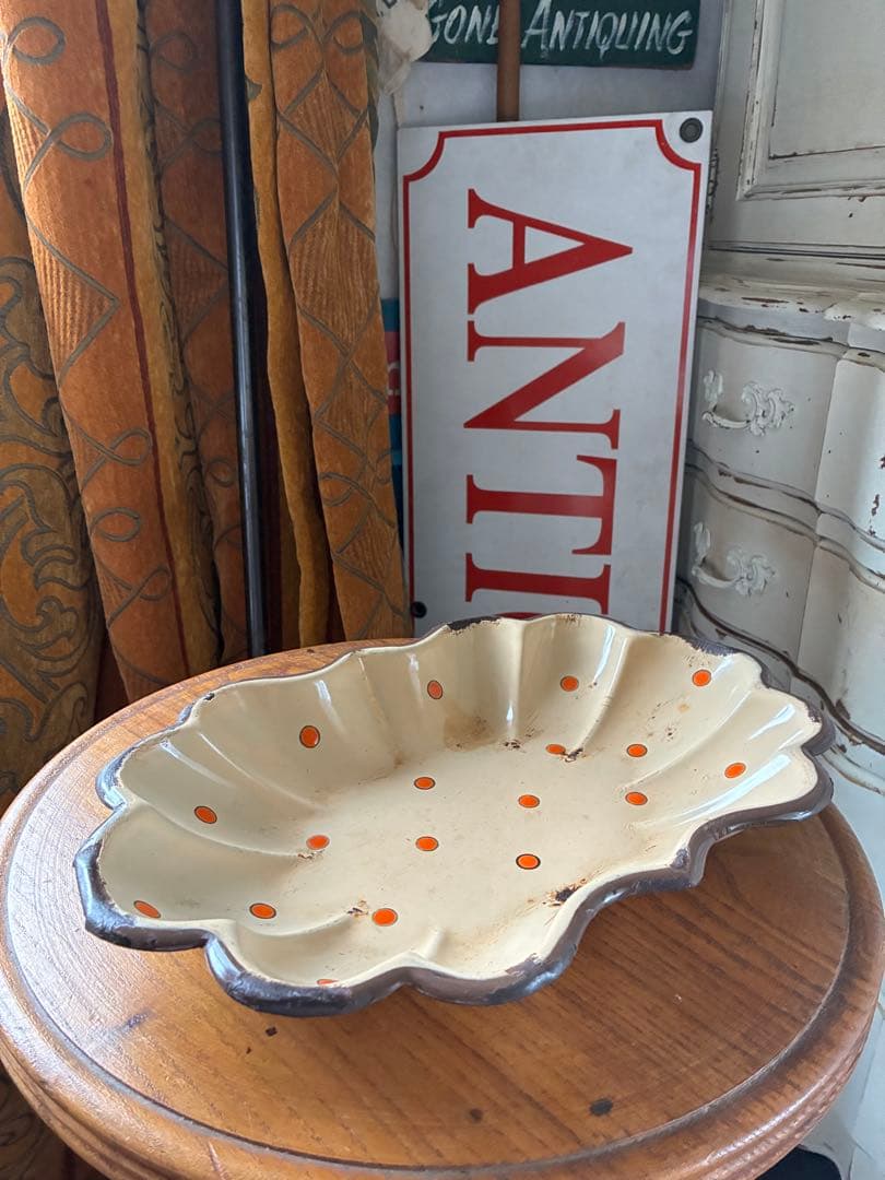 フランス　アンティーク　ホーロー　トレイ　プレート　ポルカ　ドット　水玉　レア