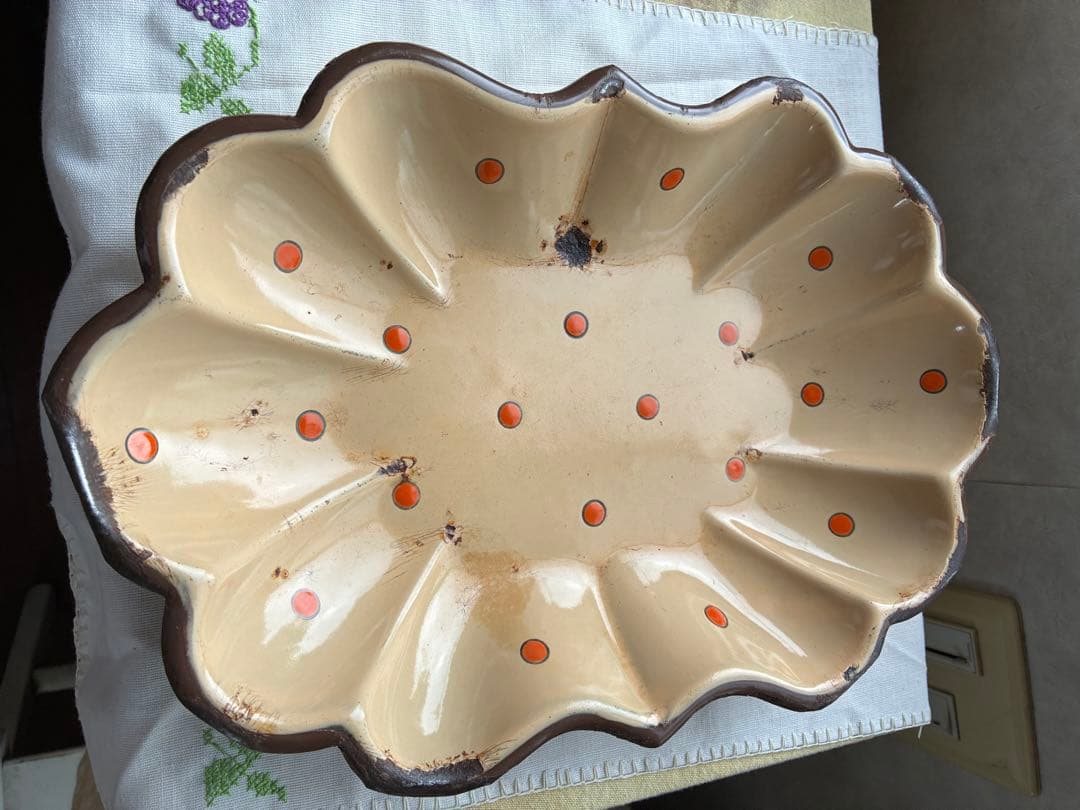 フランス　アンティーク　ホーロー　トレイ　プレート　ポルカ　ドット　水玉　レア