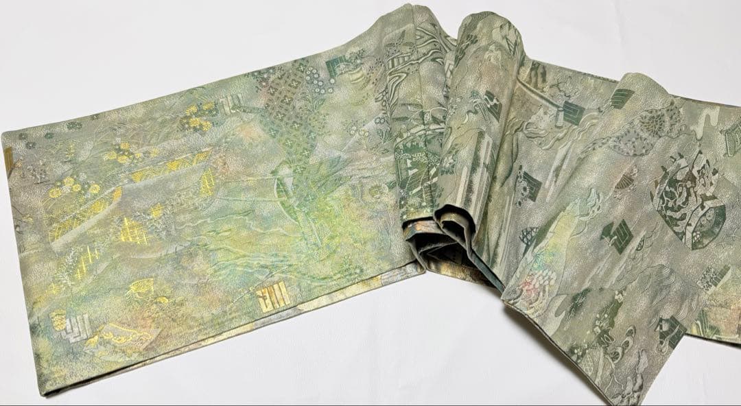 美品 高級 袋帯 正絹 全通柄 リバーシブル 両面 名門西陣 あさぎ フォーマル