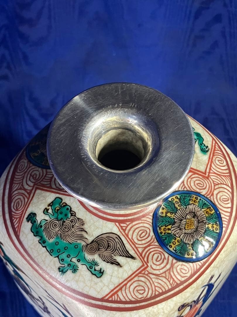 九谷焼　色絵花瓶　角福　花鳥図角型花瓶　銀修理品　レア　骨董品