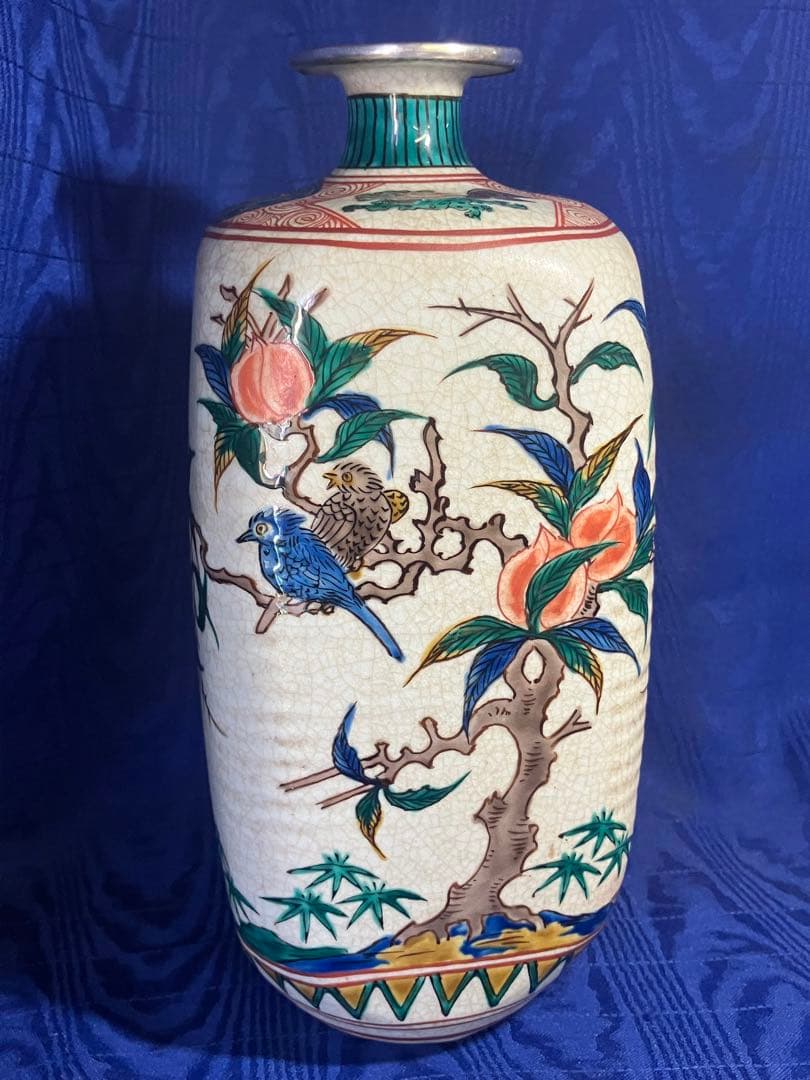 九谷焼　色絵花瓶　角福　花鳥図角型花瓶　銀修理品　レア　骨董品