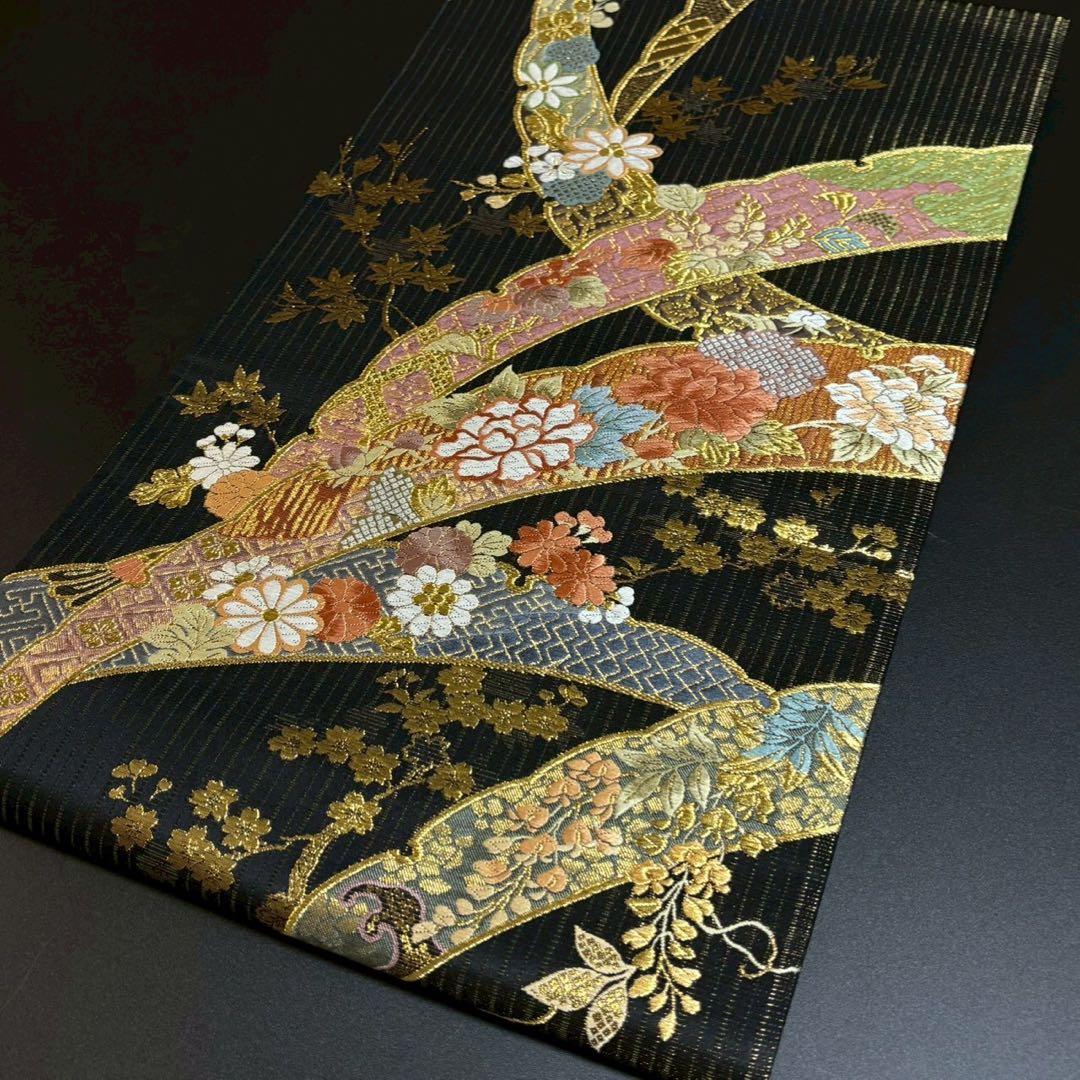 ［6157］袋帯 美品 寛文繍箔 露芝花 唐織 六通 正絹 着物 フォーマル 黒