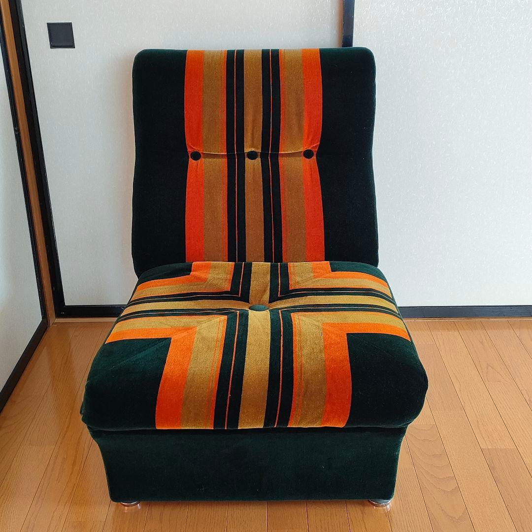 ヴィンテージ レトロ 一人掛けソファ モケット グリーン ストライプ