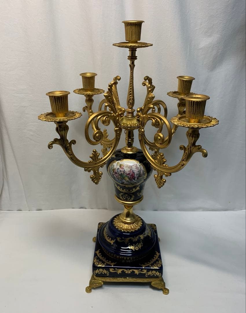 ヴィンテージ伊製コバルトブルー磁器5灯キャンドルスタンドロマンティック調美品豪華