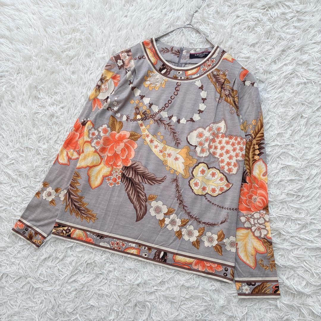 LEONARD レオナール シルク ウール 花柄 トリム 長袖シャツ ブラウス