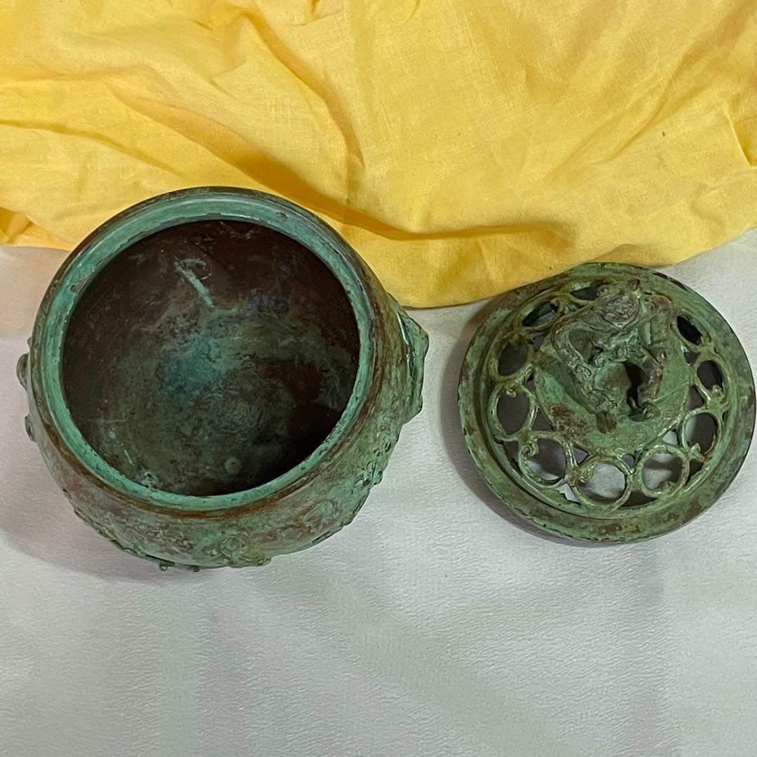 高岡銅器 須賀七郎作 月芳 蝋型鋳銅 香炉 唐子蓋梅文 共箱 証書 栞 時代物