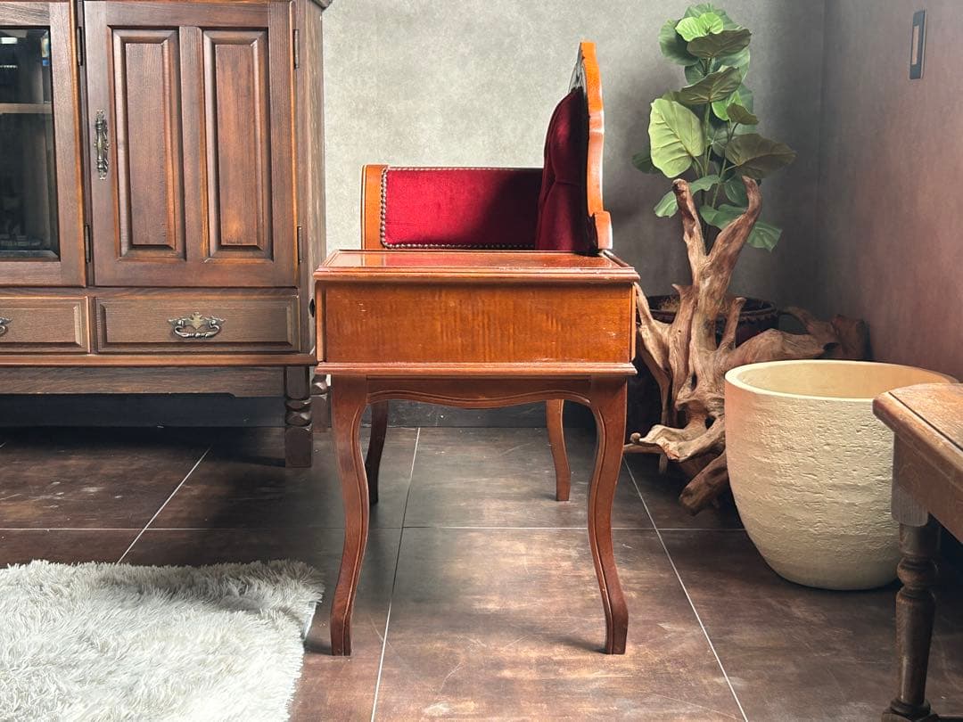 アンティーク　ビンテージ　クラシック　木彫　猫脚　レッド　テレフォンベンチ　GG