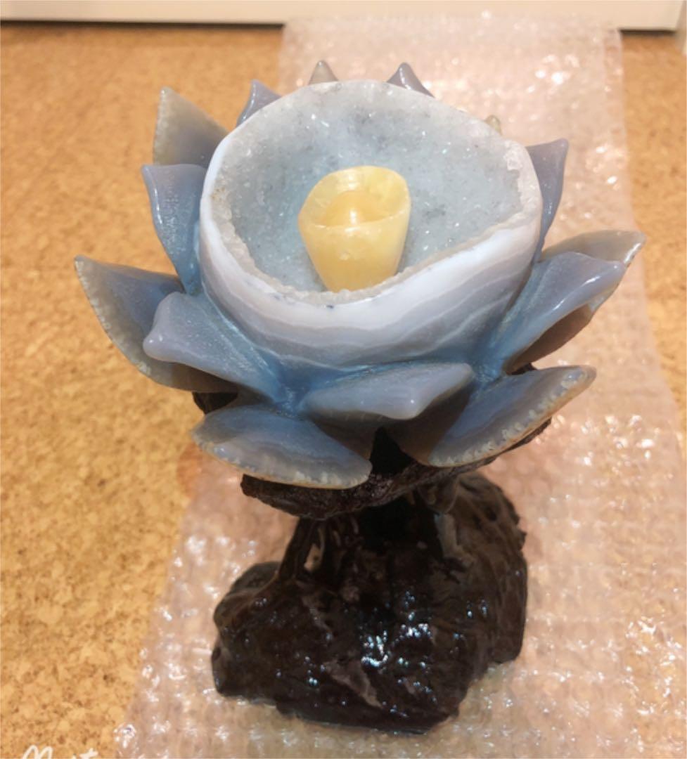 【極上品質 笑口瑪瑙】キラキラ* 蓮花 ジオード ロータス 彫刻 置き物