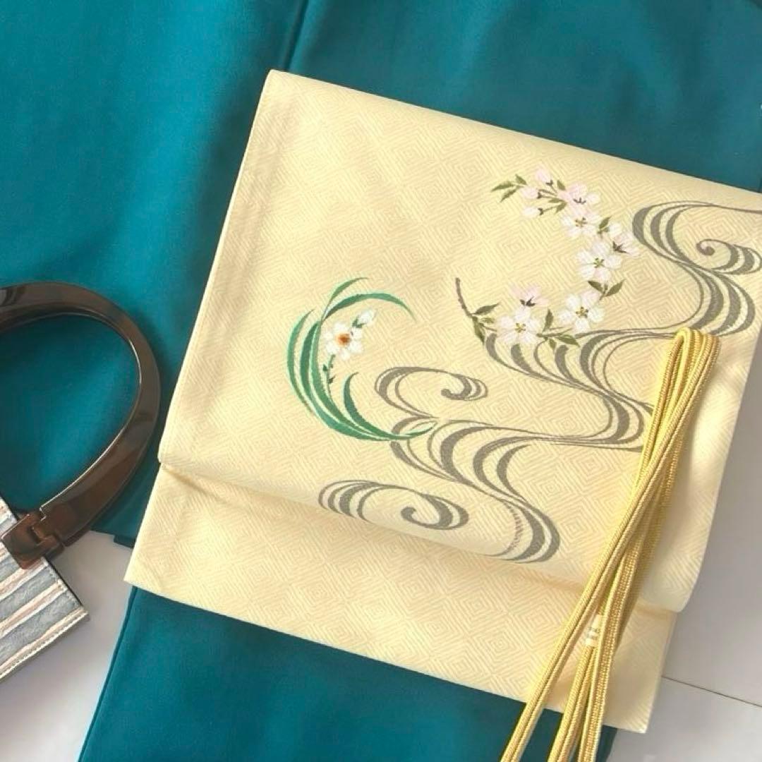 早春の花々 手描きの袋帯