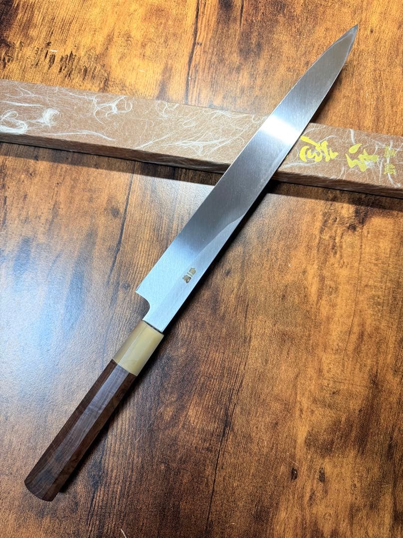 森本光一作　刺身　柳刃　白一鋼 尺　紫檀白水牛八角柄