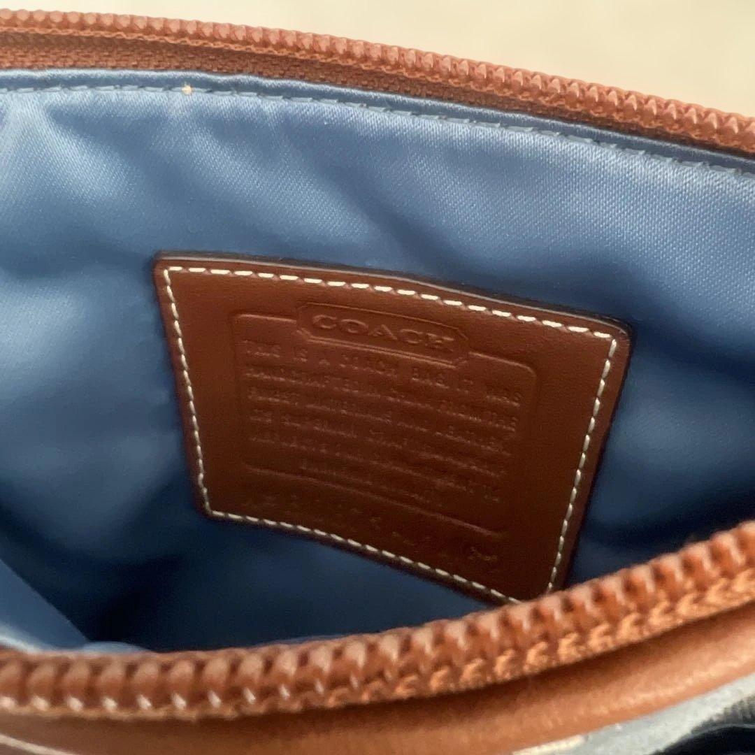 美品　コーチ ショルダーバッグ パッチワーク デニム キャンバス レザー ブルー
