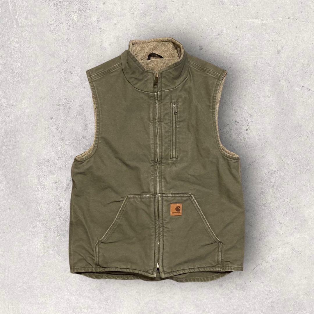 【カーハート】ダック地ベスト　裏ボア　モスグリーン　S 人気カラー　f