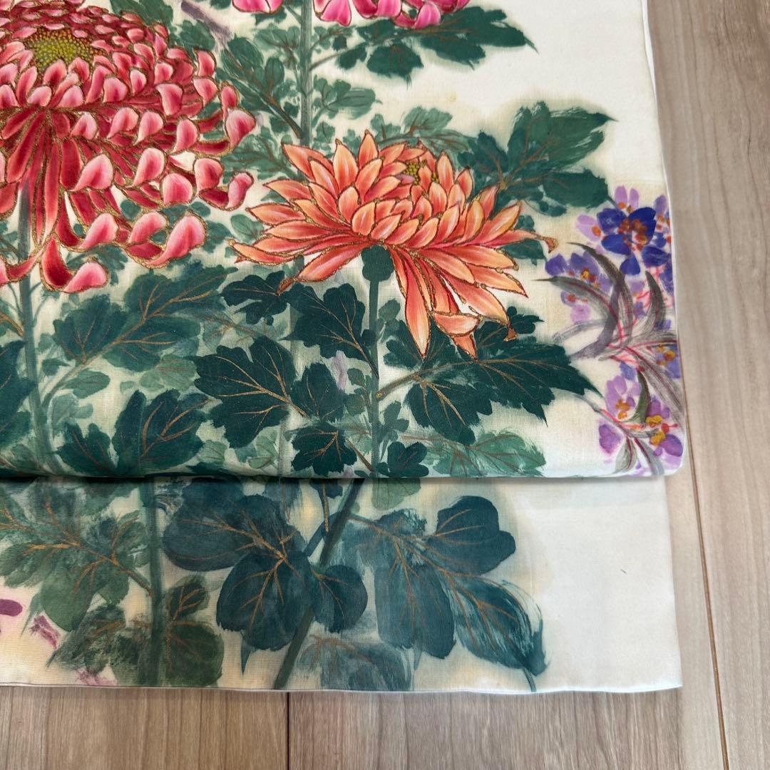 ヴィンテージ　正絹　着物 和服　袋帯　手書き 386 大輪の菊　赤紫　緑