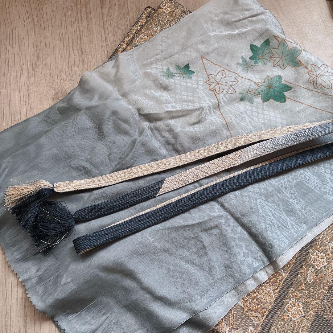 色無地　フルセット　着物　正絹　ブルー系　地紋　しつけ糸付き　一つ紋　共布　N3