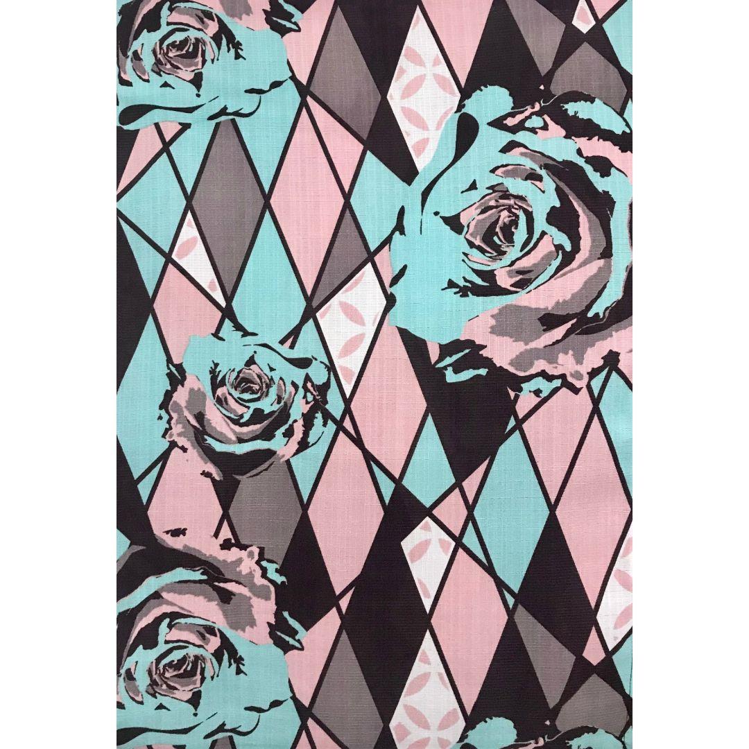 【浴衣】薔薇模様　レトロモダン チョコミント　洋風　単衣　合繊　夏着物　洗える