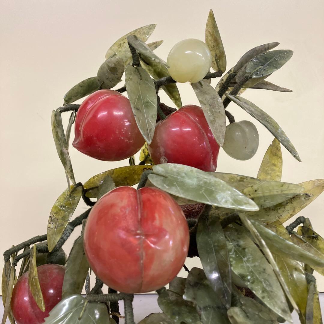 E-4 天然石 盆栽風 飾り 桃と葡萄の置物 翡翠 オブジェ 縁起物 中国美術