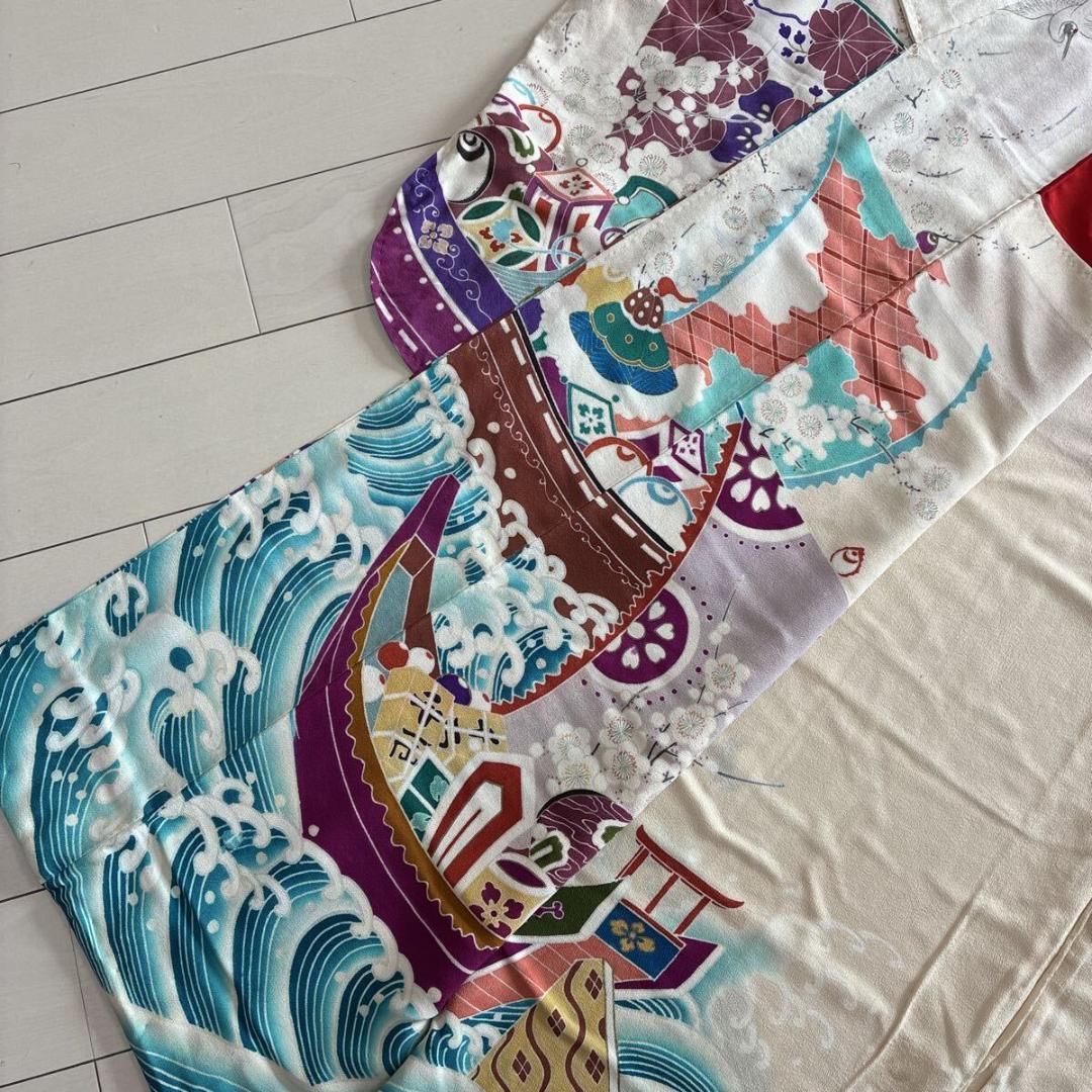 ■E5029■アンティーク■正絹縮緬■大正ロマン　五つ紋　宝船と鶴柄　袷　振袖■