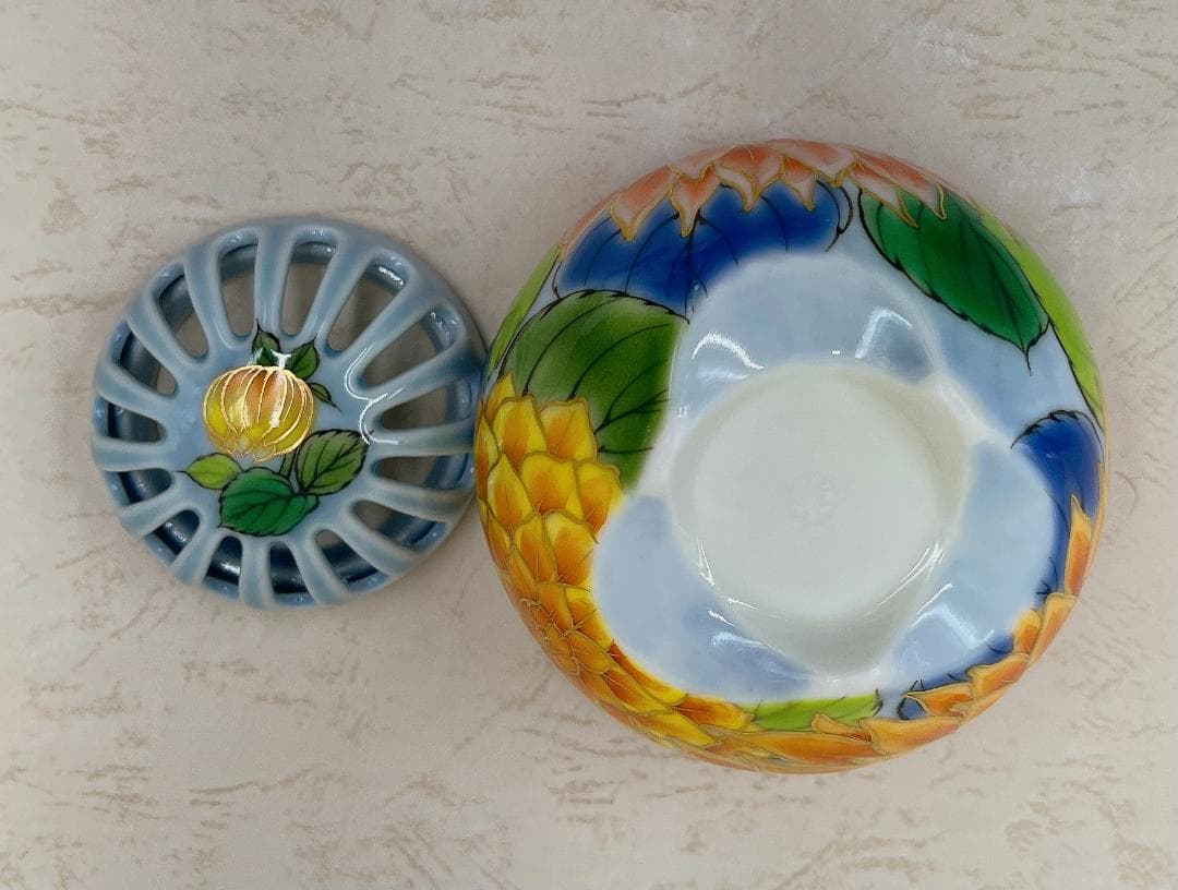 絶品！清水焼香炉★手描きオーダー発注品◆水色地×ダリア