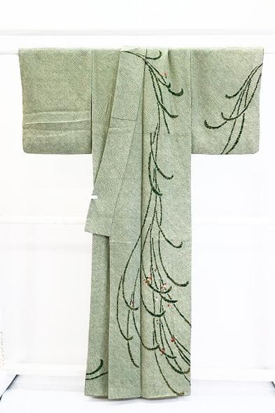 訪問着 総絞り くすんだ黄緑 草色 枝花 刺繍 身丈159cm 裄丈64cm