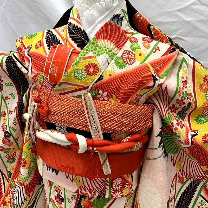 504ag87□七五三 セミアンティーク 七歳 女児 着物&袋帯 鶴□状態良好