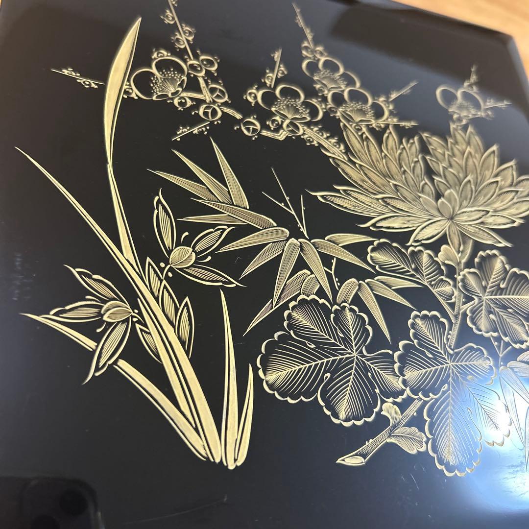 希少　輪島塗　輪島屋　高級漆器　沈金　二段重　金彩蒔絵　台付　伝統工芸　天然木