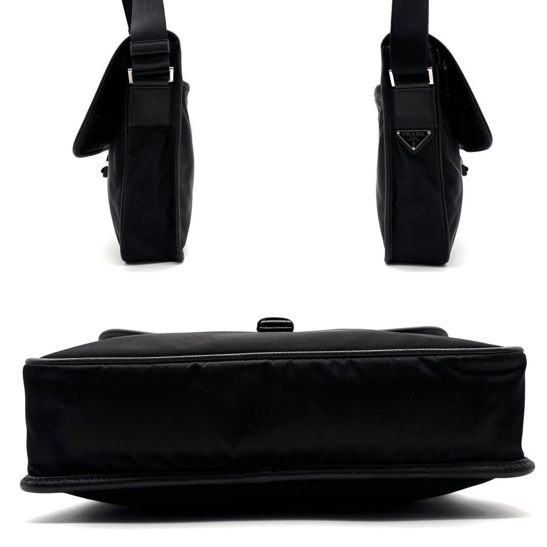 極美品 プラダ ショルダーバッグ フラップ 三角ロゴ 白タグ 斜め掛け ブラック