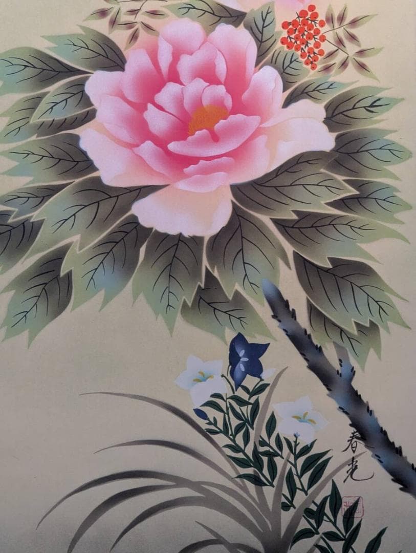 【真作】掛軸　四季花　豪華絢爛な花咲く吉祥掛軸　花の宴　共箱入　T156