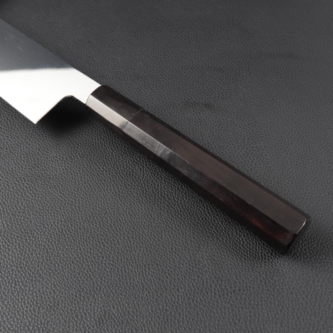 11038牛刀7寸家庭用 業務用 刺身包丁 鏡面仕上げ 両刃 黒檀黒水牛角八角柄