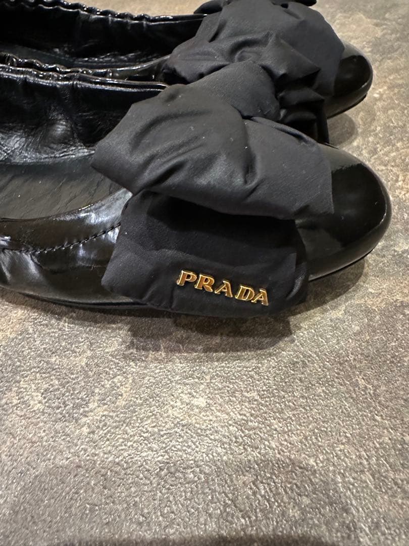 PRADA ブラック フラットシューズ リボン38サイズ