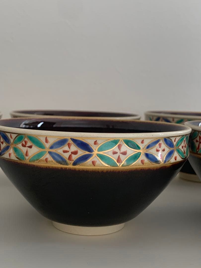 茶道具　城岳　天目釉七宝文数茶碗　10客