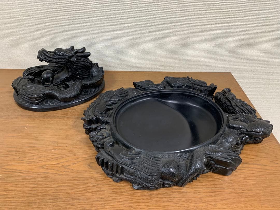 藍浦白雲石特製　硯石　龍　置物　すずり