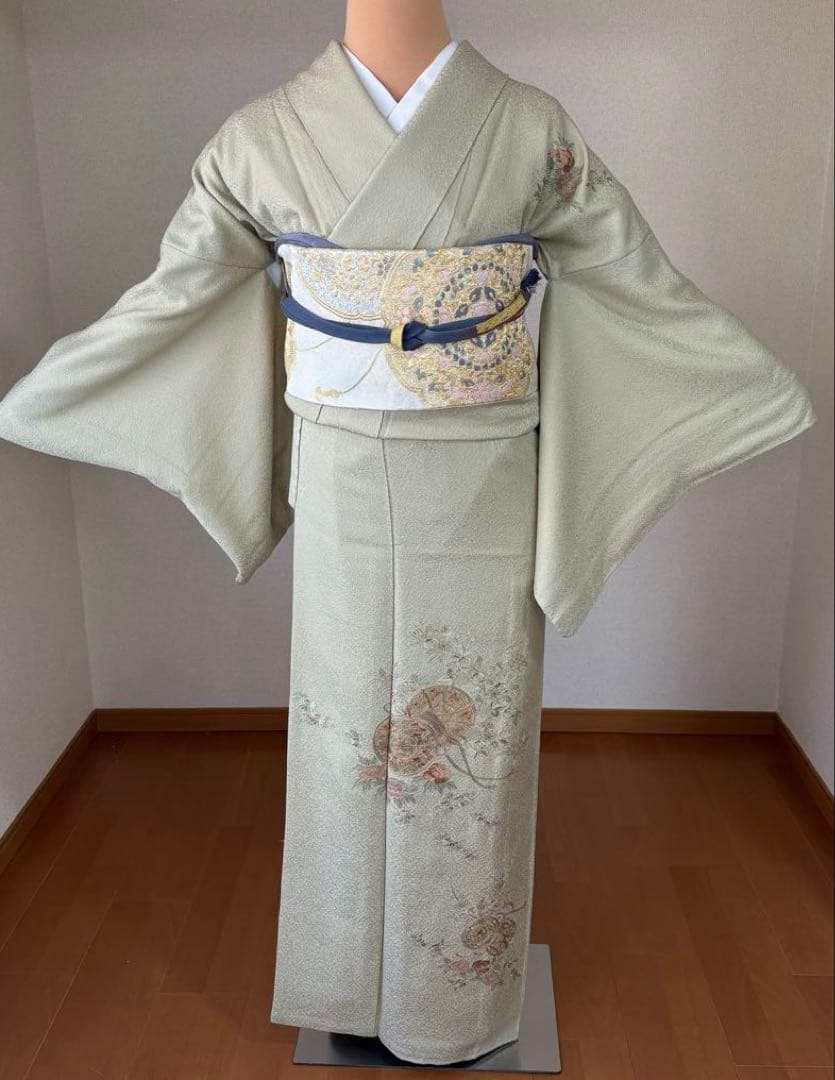 4点フルセット 訪問着　袋帯　帯揚げ　帯締め　スワトウ刺繍　逸品