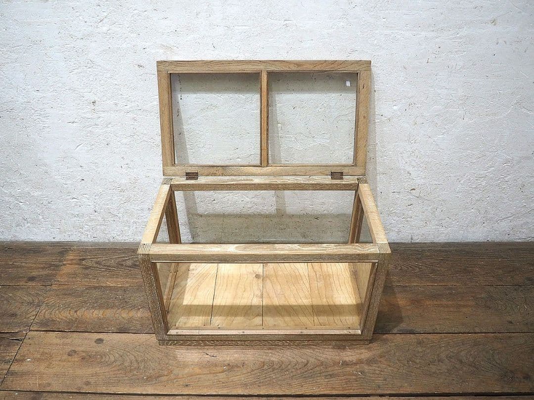 1412　蓋付　ナラ材のガラスケース　飾り棚　古家具　レトロ　アンティーク　小型