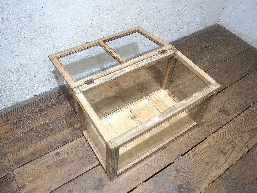 1412　蓋付　ナラ材のガラスケース　飾り棚　古家具　レトロ　アンティーク　小型