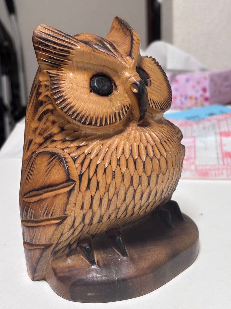 木製フクロウ彫刻 約15cm