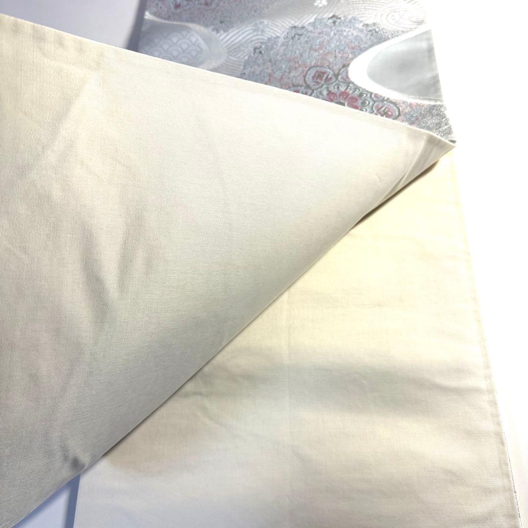 6k148 袋帯　絹　唐織　正倉院文様　華文　銀色　白　ピンク　花柄　和装