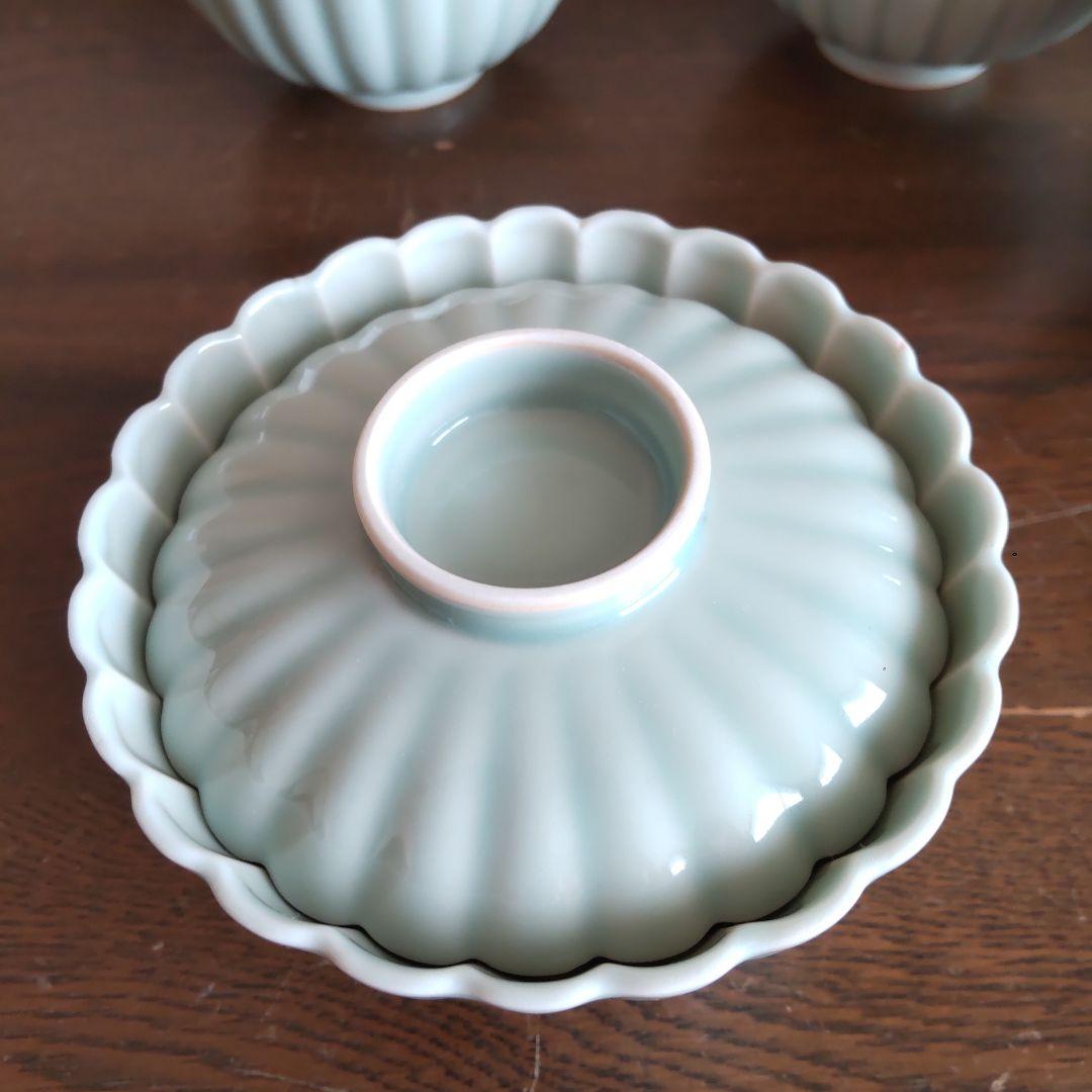 【菊型】清水焼　京焼　蓋つき煮物椀 5個セット 青磁色