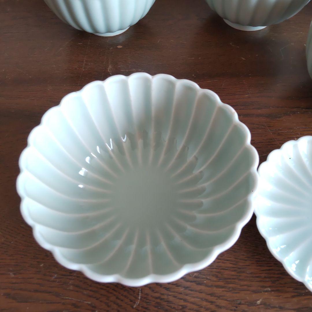 【菊型】清水焼　京焼　蓋つき煮物椀 5個セット 青磁色