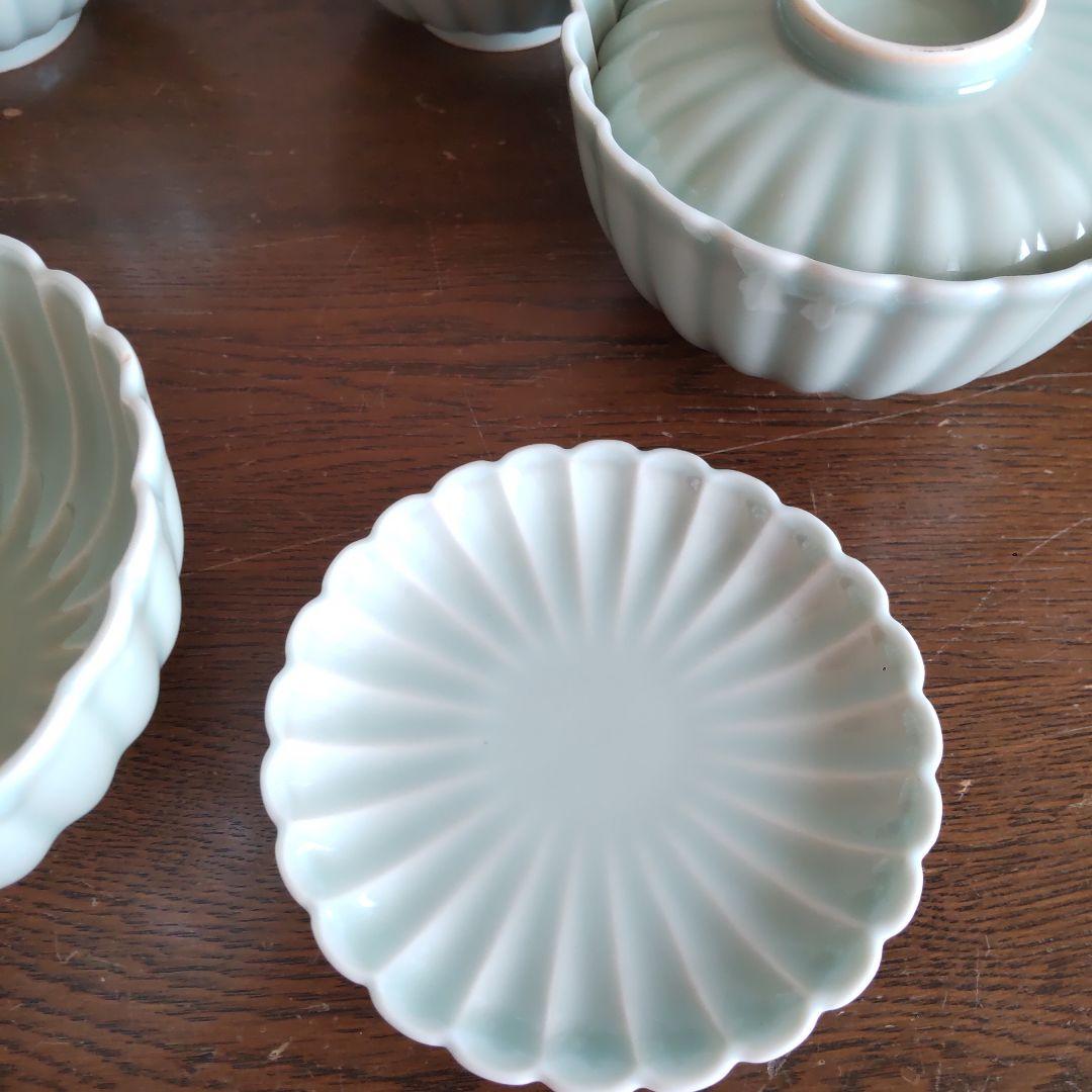 【菊型】清水焼　京焼　蓋つき煮物椀 5個セット 青磁色