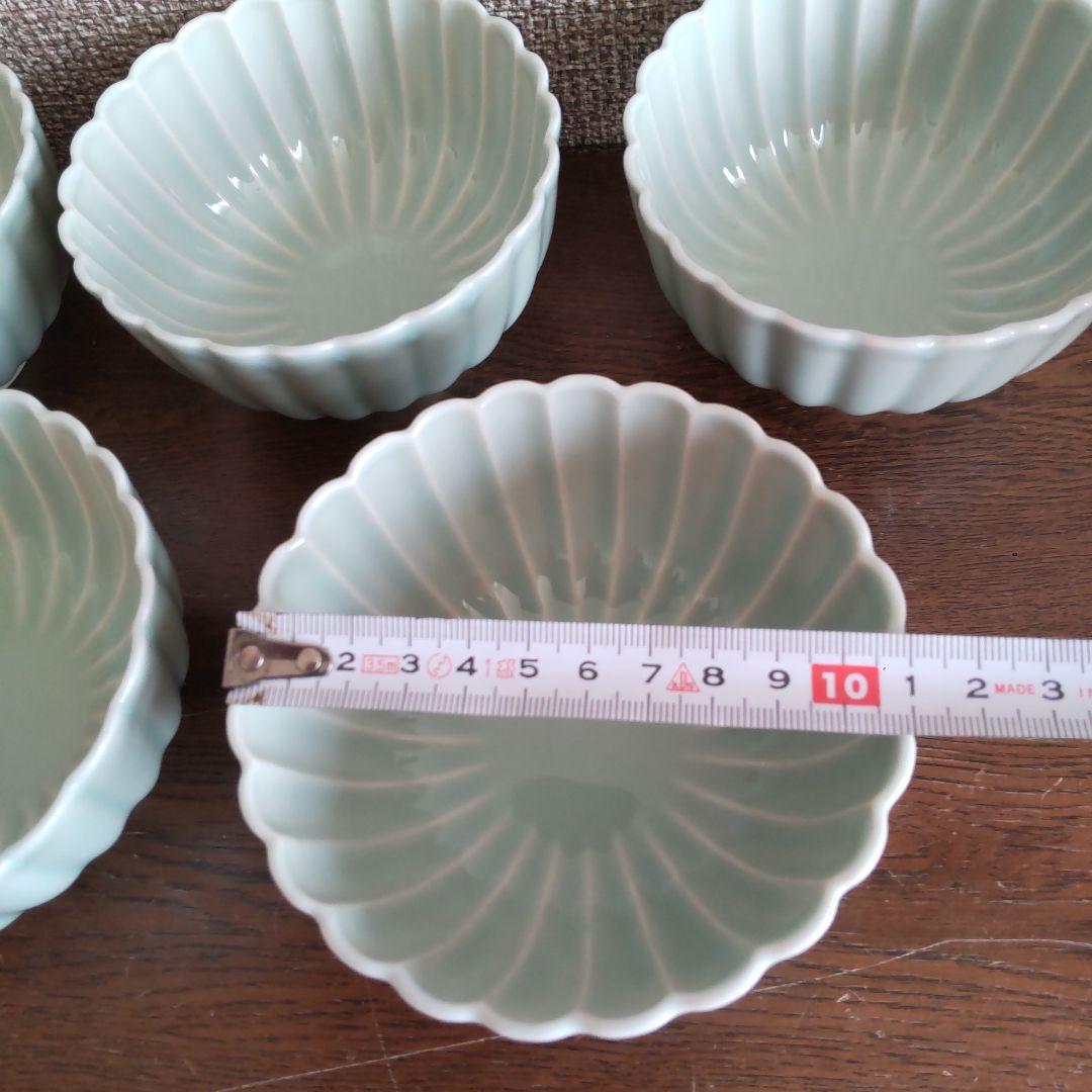 【菊型】清水焼　京焼　蓋つき煮物椀 5個セット 青磁色