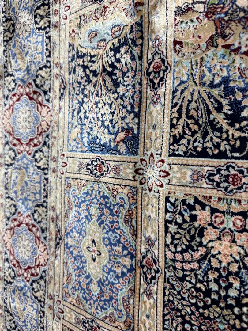 イラン製 ペルシャ絨毯 カシャーン 優雅な艶　高密度 ベージュ×ブルー