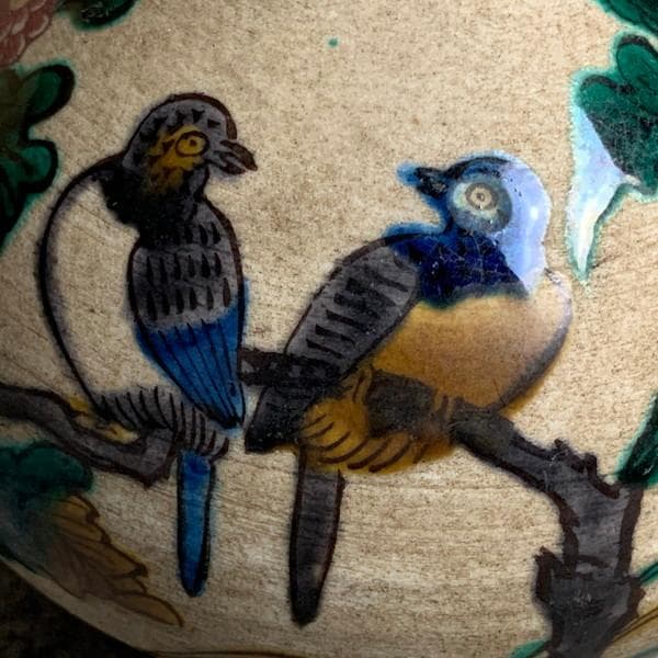 九谷焼青手角福菊に小鳥図油壺 [B28383]